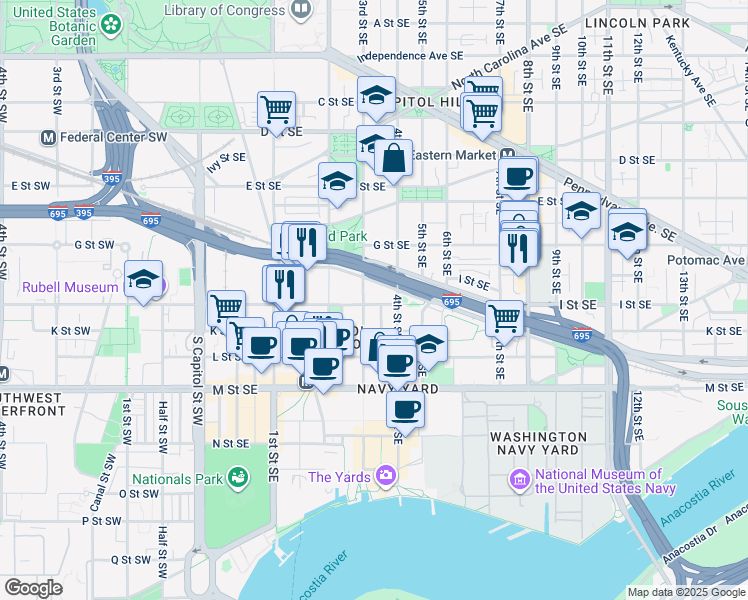 map of restaurants, bars, coffee shops, grocery stores, and more near 306 I Street Southeast in Washington