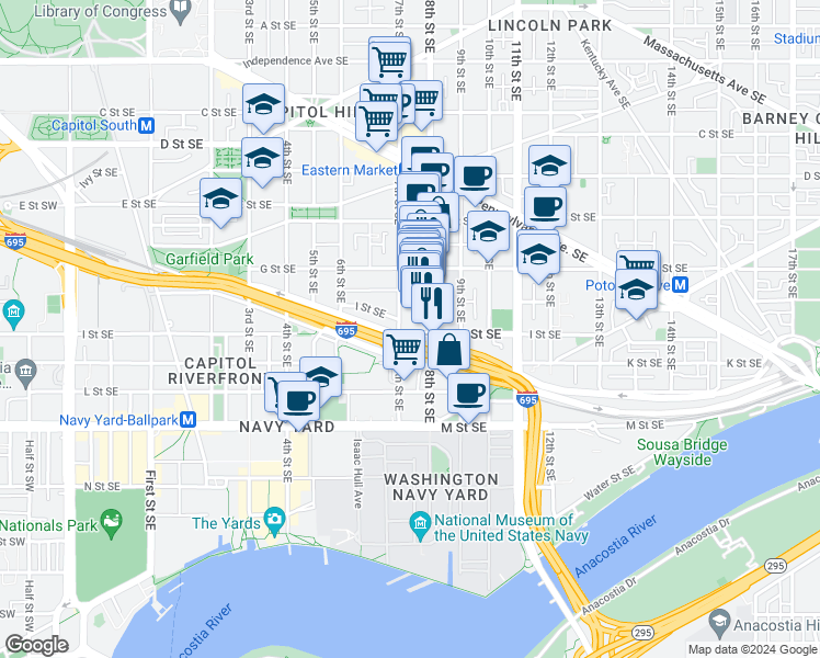 map of restaurants, bars, coffee shops, grocery stores, and more near 708 I Street Southeast in Washington