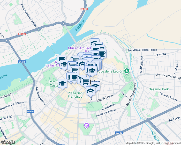 map of restaurants, bars, coffee shops, grocery stores, and more near in Badajoz