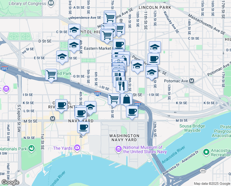 map of restaurants, bars, coffee shops, grocery stores, and more near 708 I Street Southeast in Washington