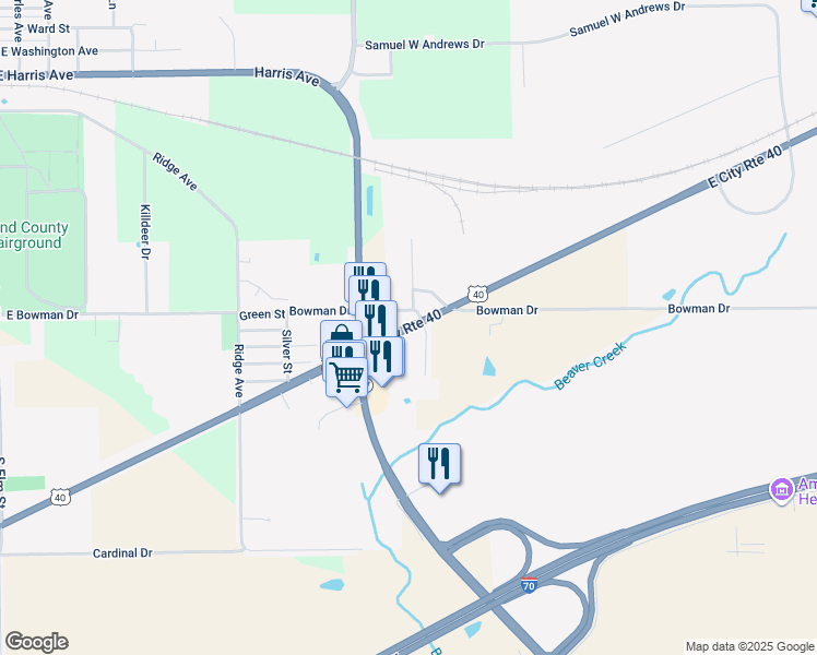 map of restaurants, bars, coffee shops, grocery stores, and more near 1550 E City Route 40 in Greenville