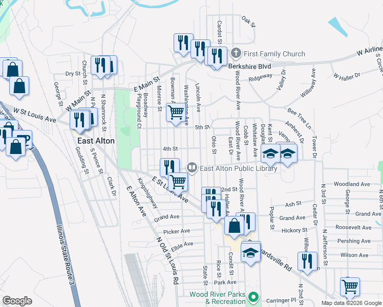 map of restaurants, bars, coffee shops, grocery stores, and more near 402 Washington Avenue in East Alton