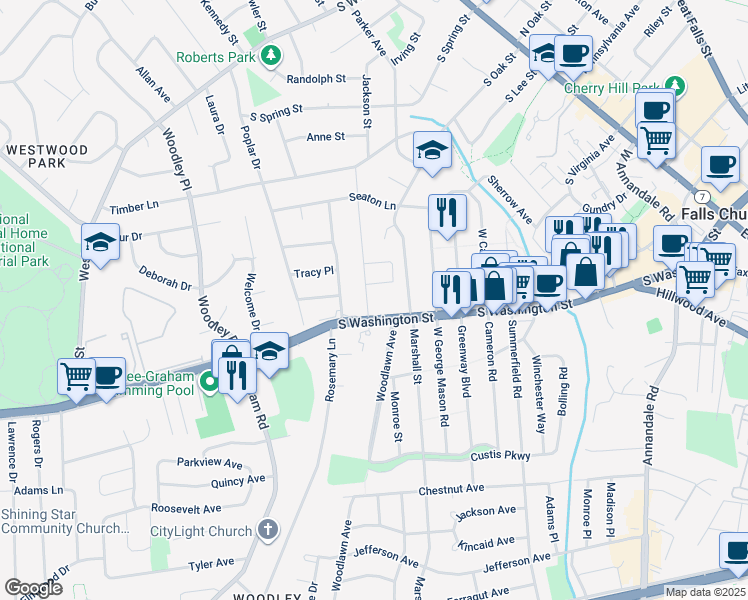 map of restaurants, bars, coffee shops, grocery stores, and more near 1138 South Washington Street in Falls Church