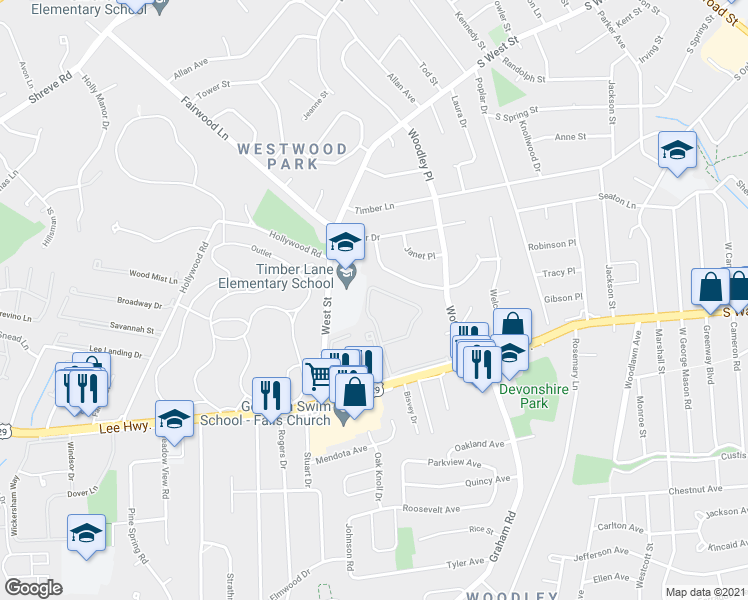 map of restaurants, bars, coffee shops, grocery stores, and more near 7235 Deborah Drive in Falls Church