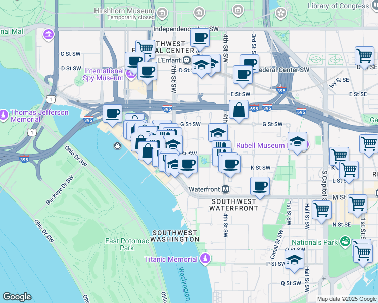 map of restaurants, bars, coffee shops, grocery stores, and more near 623 I Street Southwest in Washington