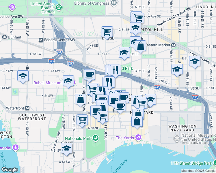 map of restaurants, bars, coffee shops, grocery stores, and more near 101 Independence Avenue Southeast in Washington