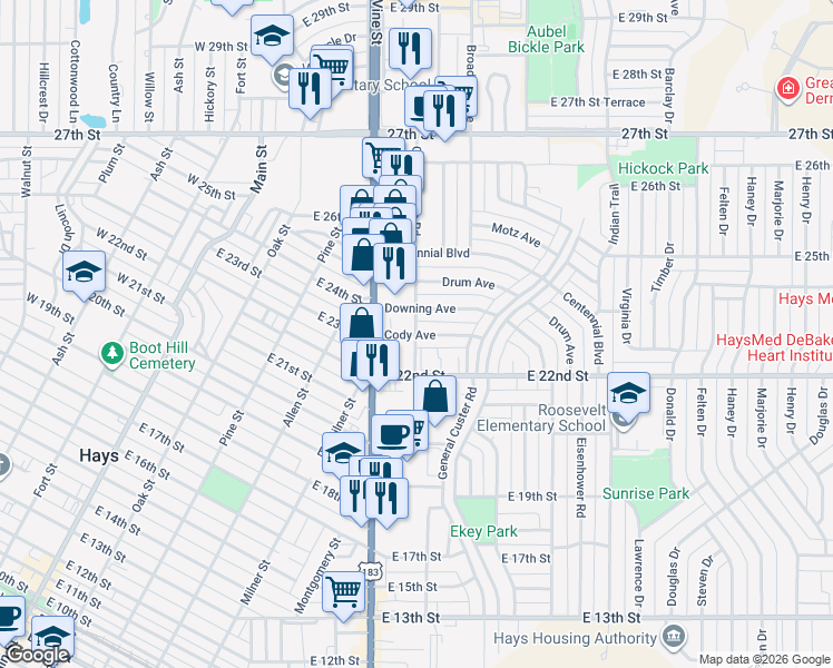 map of restaurants, bars, coffee shops, grocery stores, and more near 1010 Downing Avenue in Hays