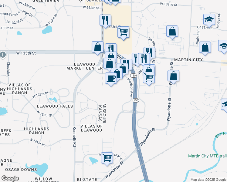 map of restaurants, bars, coffee shops, grocery stores, and more near 1201 West 136th Street in Kansas City