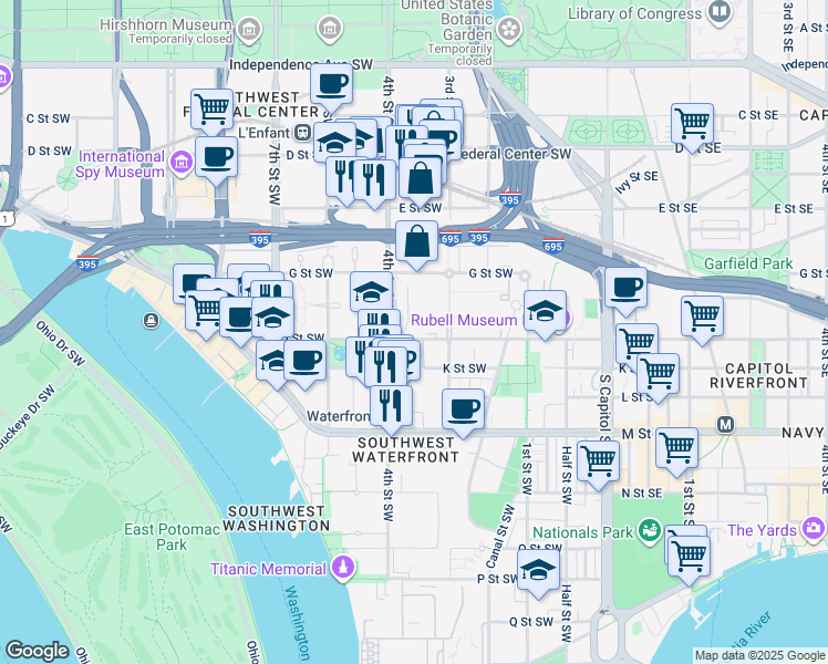 map of restaurants, bars, coffee shops, grocery stores, and more near 355 I Street Southwest in Washington