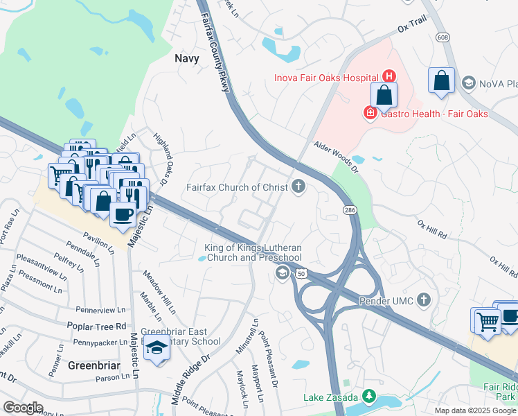 map of restaurants, bars, coffee shops, grocery stores, and more near Cypress Vine Road in Fairfax