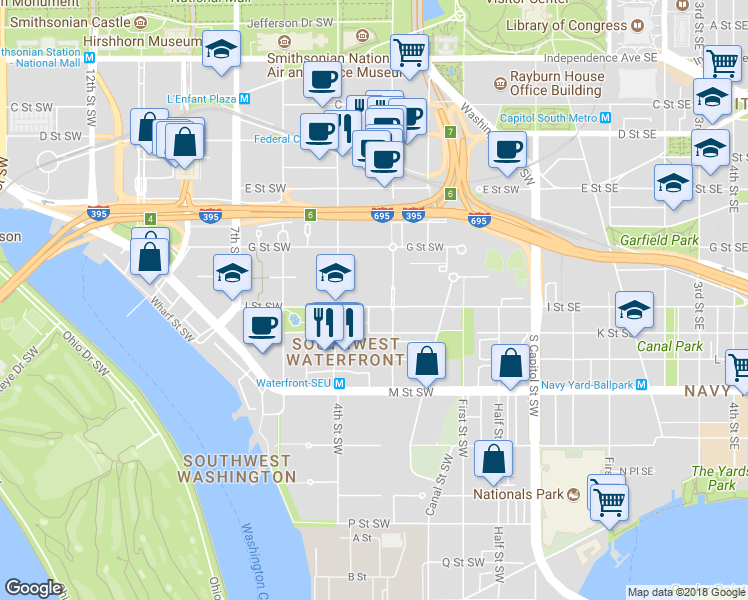 map of restaurants, bars, coffee shops, grocery stores, and more near 327 I Street Southwest in Washington