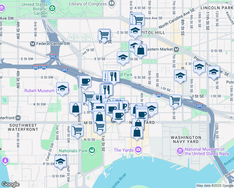 map of restaurants, bars, coffee shops, grocery stores, and more near 150 I Street Southeast in Washington