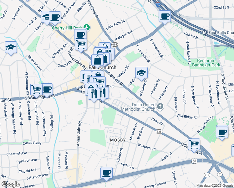 map of restaurants, bars, coffee shops, grocery stores, and more near 210 East Fairfax Street in Falls Church