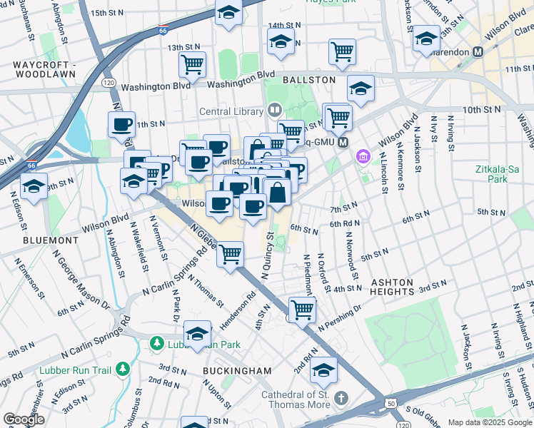 map of restaurants, bars, coffee shops, grocery stores, and more near 4000 Wilson Boulevard in Arlington