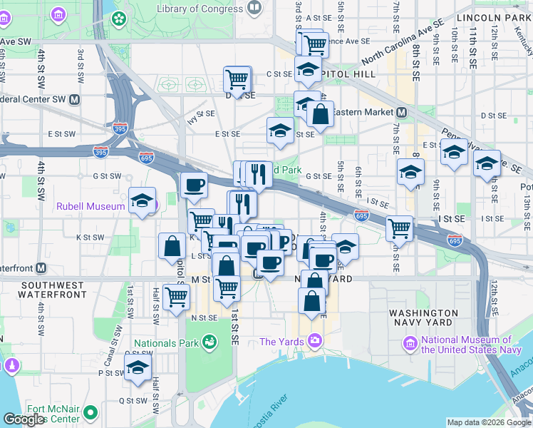 map of restaurants, bars, coffee shops, grocery stores, and more near 150 I Street Southeast in Washington