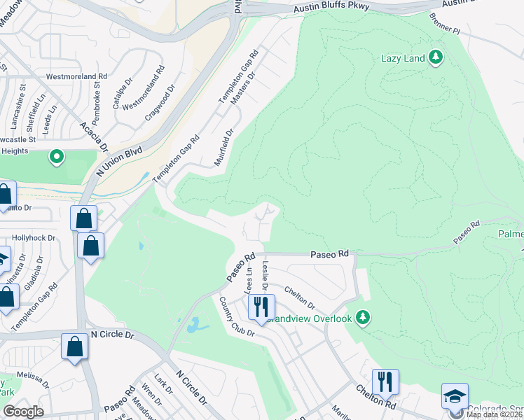 map of restaurants, bars, coffee shops, grocery stores, and more near 3235 Leslie Drive in Colorado Springs
