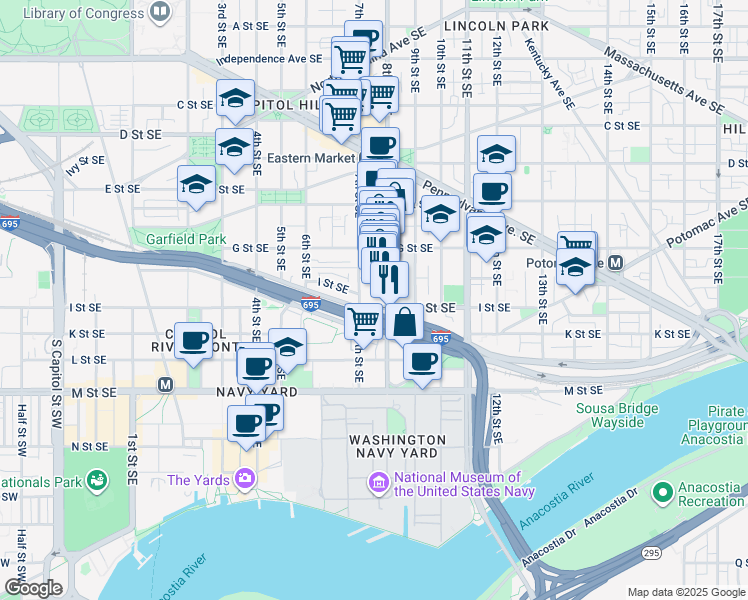 map of restaurants, bars, coffee shops, grocery stores, and more near 716 I Street Southeast in Washington
