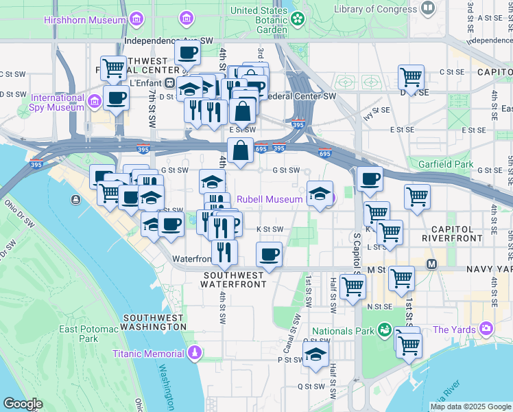 map of restaurants, bars, coffee shops, grocery stores, and more near 101 Independence Avenue Southeast in Washington