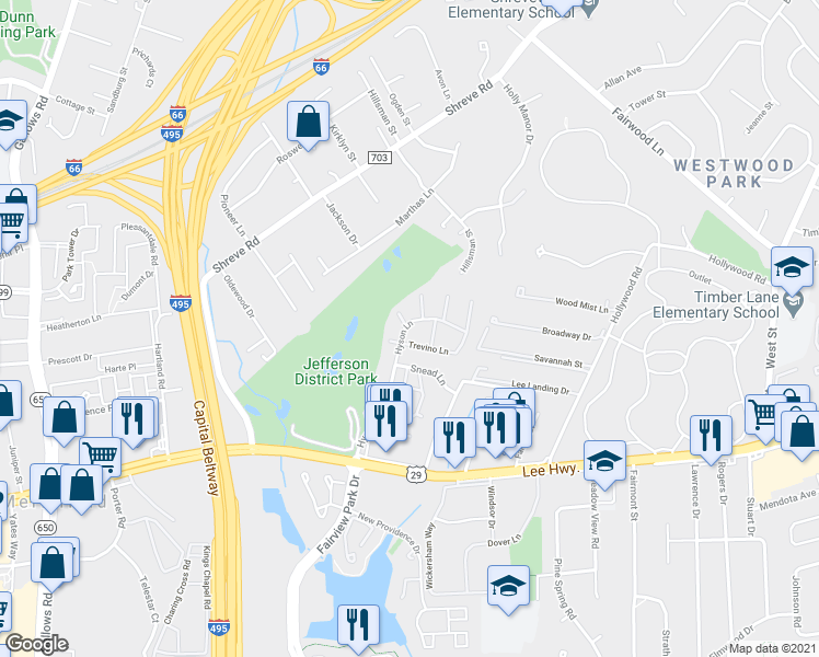 map of restaurants, bars, coffee shops, grocery stores, and more near 2731 Hyson Lane in Falls Church