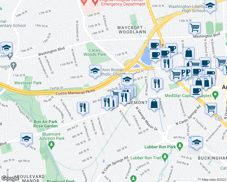 map of restaurants, bars, coffee shops, grocery stores, and more near 5120 9th Street North in Arlington