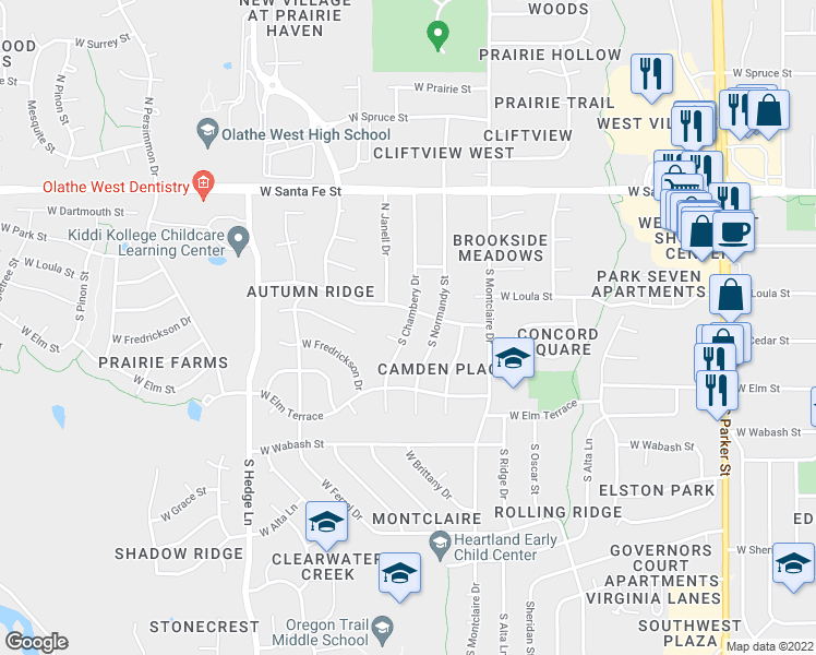 map of restaurants, bars, coffee shops, grocery stores, and more near 251 South Chambery Drive in Olathe