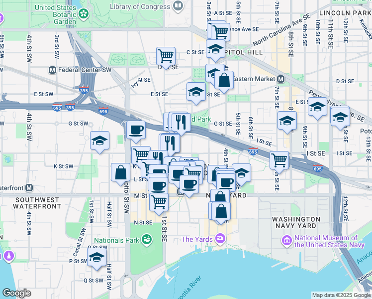 map of restaurants, bars, coffee shops, grocery stores, and more near 150 I Street Southeast in Washington