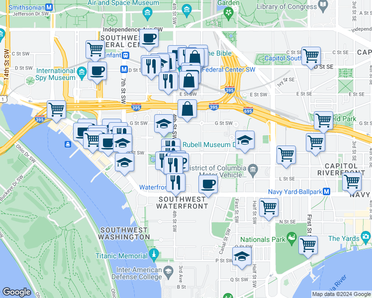 map of restaurants, bars, coffee shops, grocery stores, and more near 101 Independence Avenue Southeast in Washington