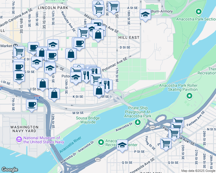map of restaurants, bars, coffee shops, grocery stores, and more near 825 Kentucky Avenue Southeast in Washington