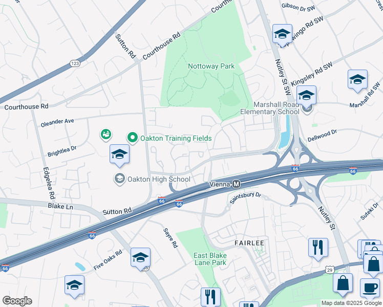 map of restaurants, bars, coffee shops, grocery stores, and more near 2801 Shawn Leigh Drive in Vienna