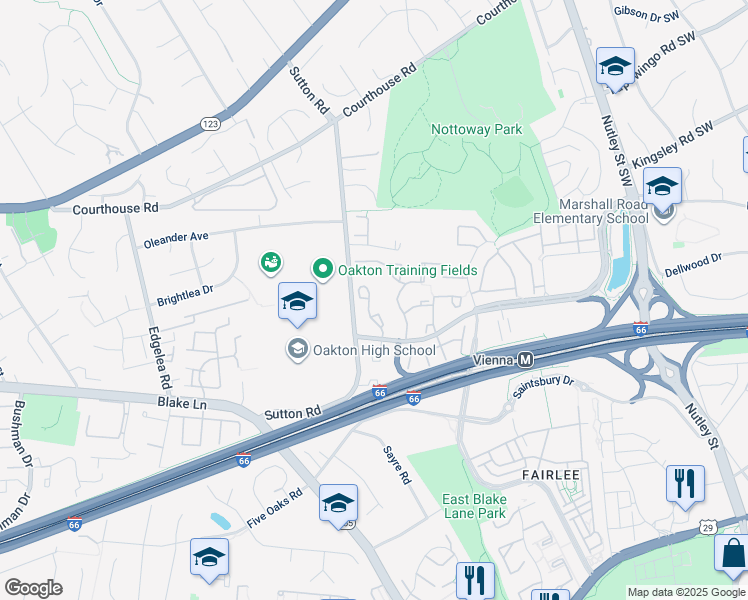 map of restaurants, bars, coffee shops, grocery stores, and more near 2863 Sutton Oaks Lane in Vienna