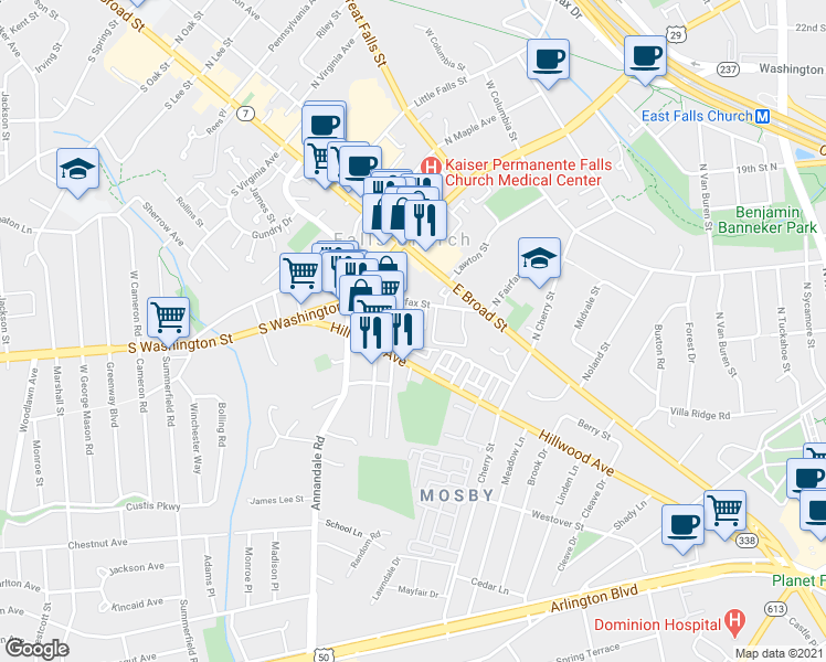 map of restaurants, bars, coffee shops, grocery stores, and more near 202 Douglass Avenue in Falls Church