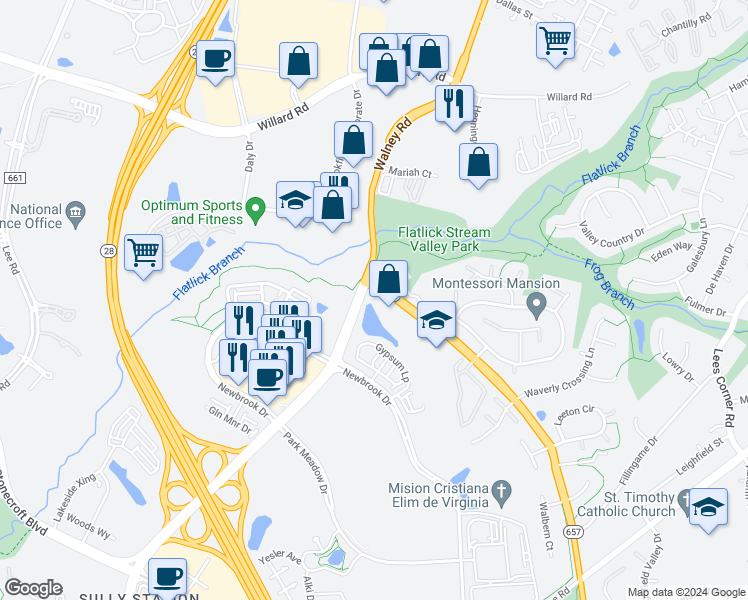 map of restaurants, bars, coffee shops, grocery stores, and more near 14102 Robert Paris Court in Chantilly