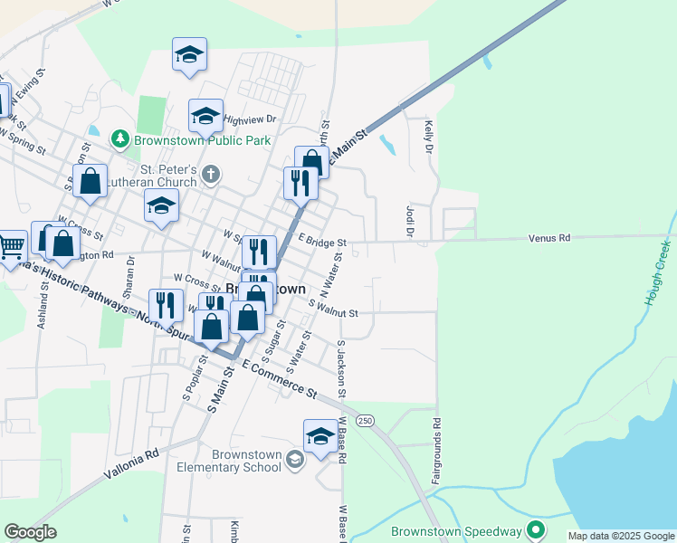 map of restaurants, bars, coffee shops, grocery stores, and more near 207 North Water Street in Brownstown