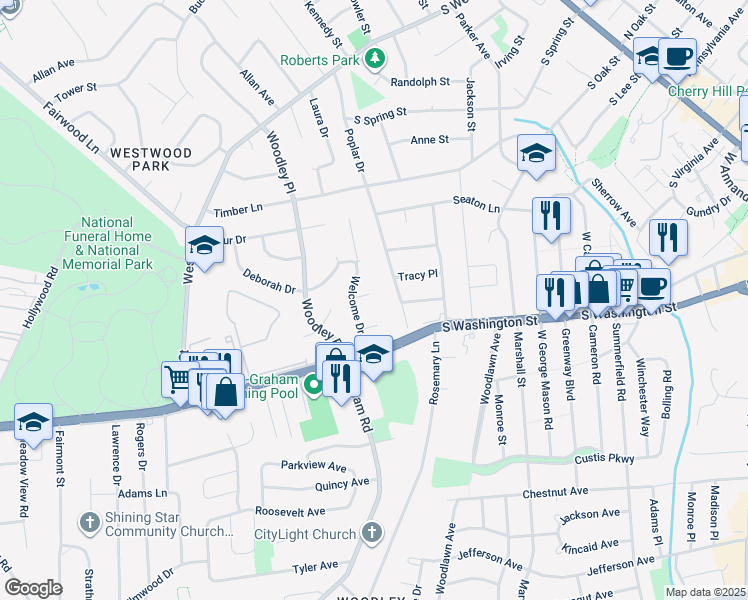 map of restaurants, bars, coffee shops, grocery stores, and more near 7101 Nanjemoy Court in Falls Church