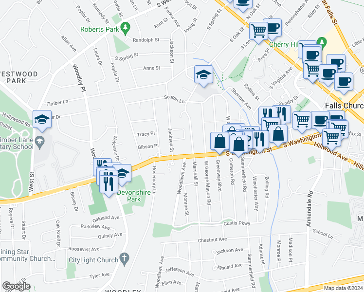 map of restaurants, bars, coffee shops, grocery stores, and more near 1132 South Washington Street in Falls Church