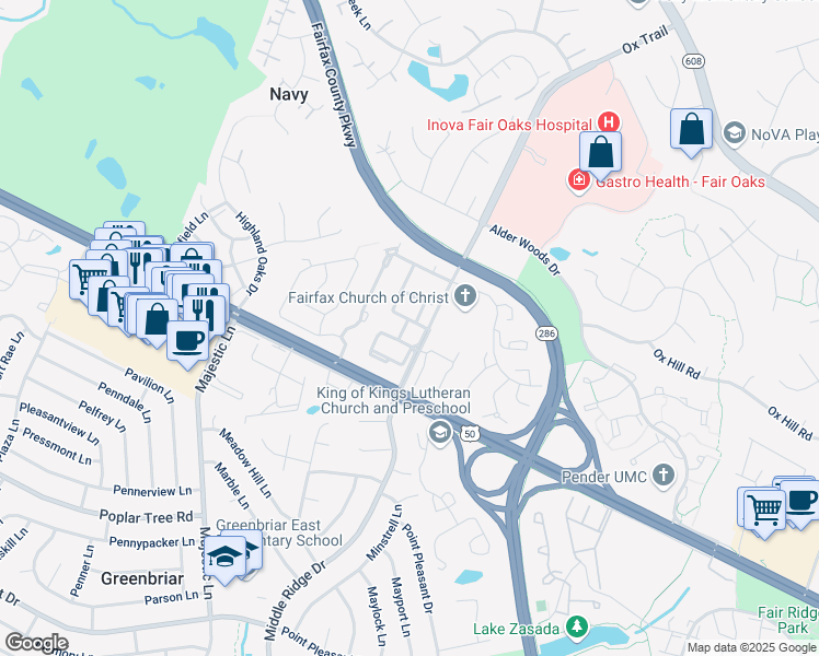 map of restaurants, bars, coffee shops, grocery stores, and more near 12707 Lady Somerset Lane in Fairfax