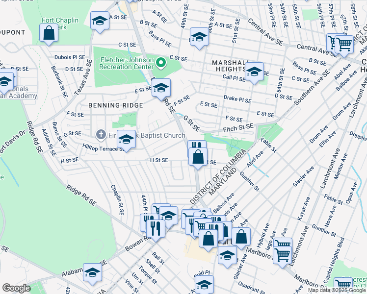 map of restaurants, bars, coffee shops, grocery stores, and more near 4971 Benning Road Southeast in Washington