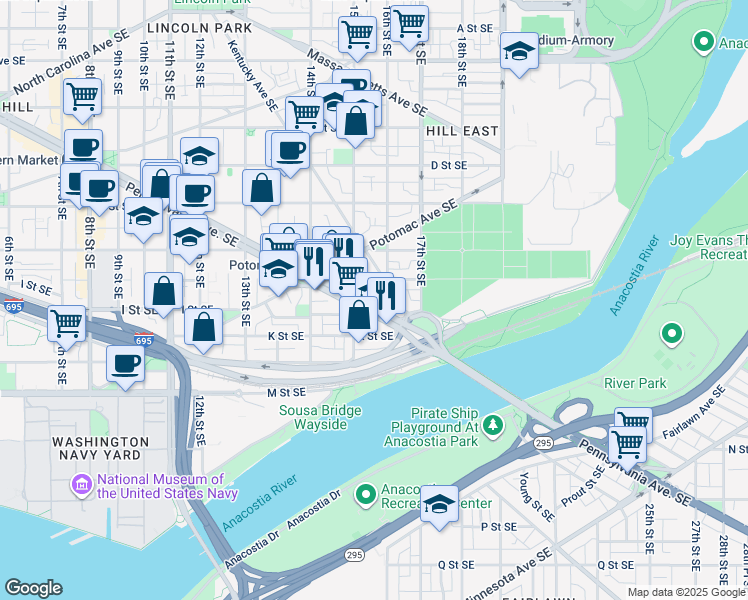 map of restaurants, bars, coffee shops, grocery stores, and more near 101 Independence Avenue Southeast in Washington