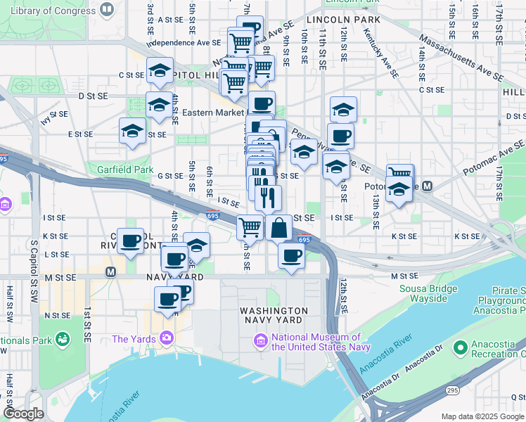 map of restaurants, bars, coffee shops, grocery stores, and more near 101 Independence Avenue Southeast in Washington