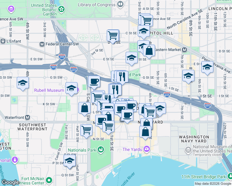 map of restaurants, bars, coffee shops, grocery stores, and more near 101 Independence Avenue Southeast in Washington