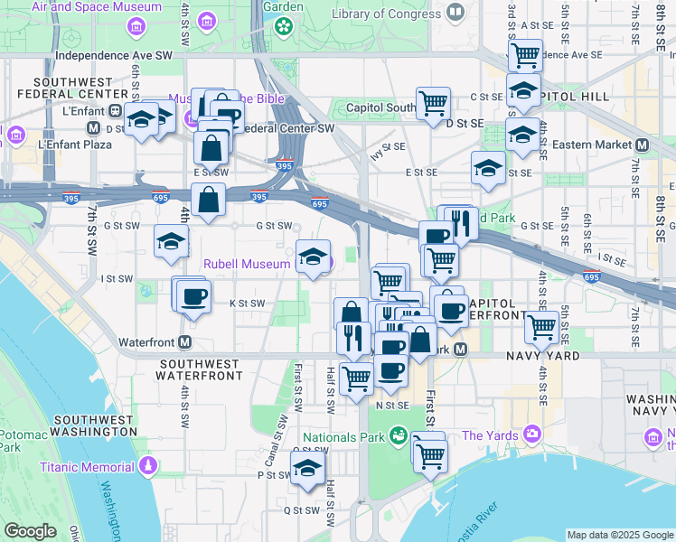 map of restaurants, bars, coffee shops, grocery stores, and more near 101 Independence Avenue Southeast in Washington