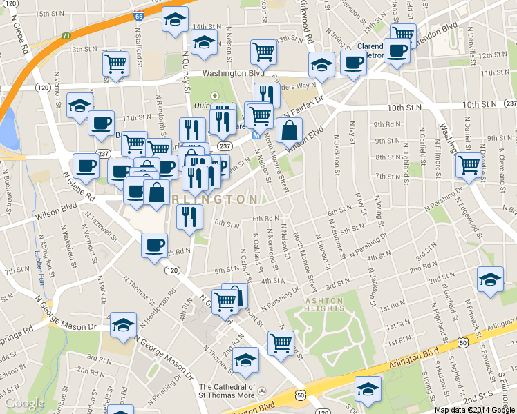map of restaurants, bars, coffee shops, grocery stores, and more near 702 North Nelson Street in Arlington