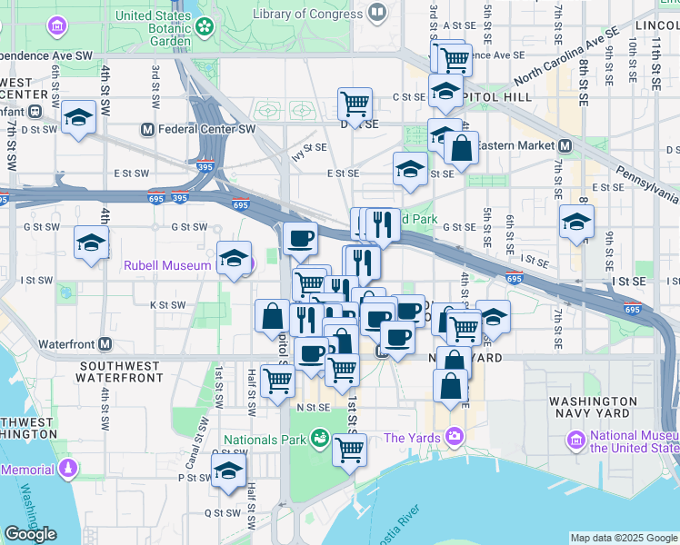 map of restaurants, bars, coffee shops, grocery stores, and more near 100 I Street Southeast in Washington