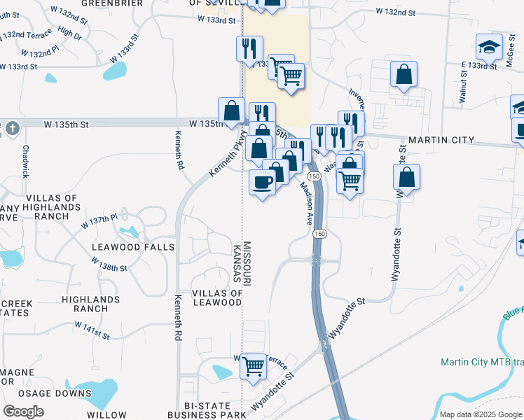 map of restaurants, bars, coffee shops, grocery stores, and more near 1201 West 136th Street in Kansas City