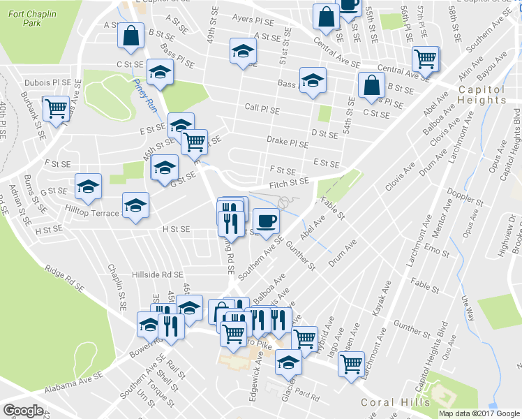 map of restaurants, bars, coffee shops, grocery stores, and more near 5112 Hanna Place Southeast in Washington