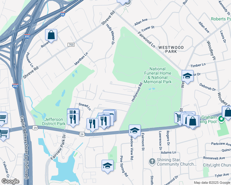 map of restaurants, bars, coffee shops, grocery stores, and more near 7602 Broadway Drive in Falls Church