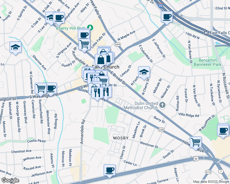 map of restaurants, bars, coffee shops, grocery stores, and more near in Falls Church