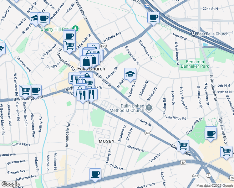 map of restaurants, bars, coffee shops, grocery stores, and more near 304 East Broad Street in Falls Church