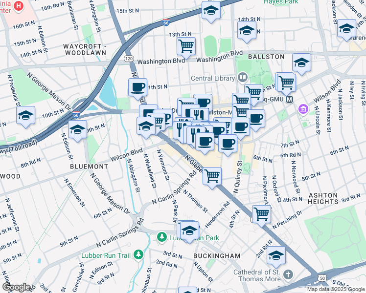 map of restaurants, bars, coffee shops, grocery stores, and more near 4300 Wilson Boulevard in Arlington