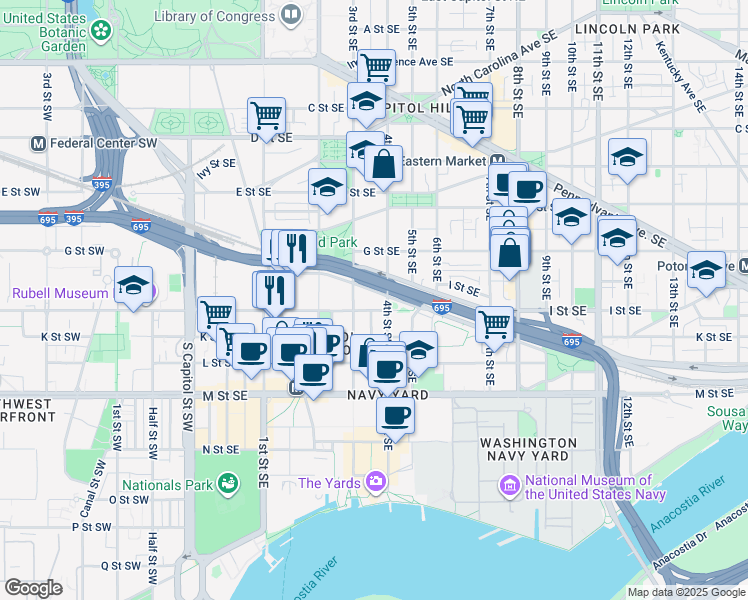 map of restaurants, bars, coffee shops, grocery stores, and more near 333 Virginia Avenue Southeast in Washington